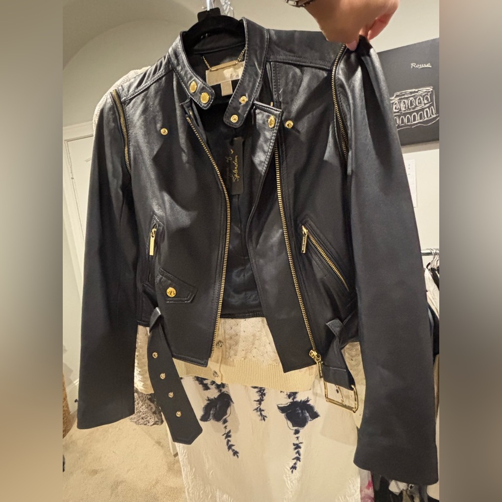 ✨NWOT Michael Kors Leather Moto Jacket Navy Blue Convertible Vest✨